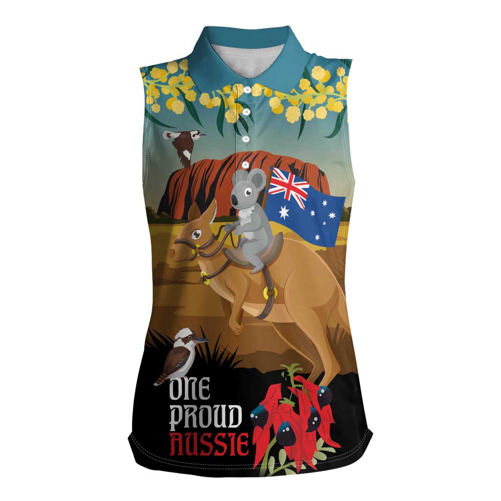 26 January One Proud Aussie Women Sleeveless Polo Shirt Kangaroo and Koala Happy Australia Day