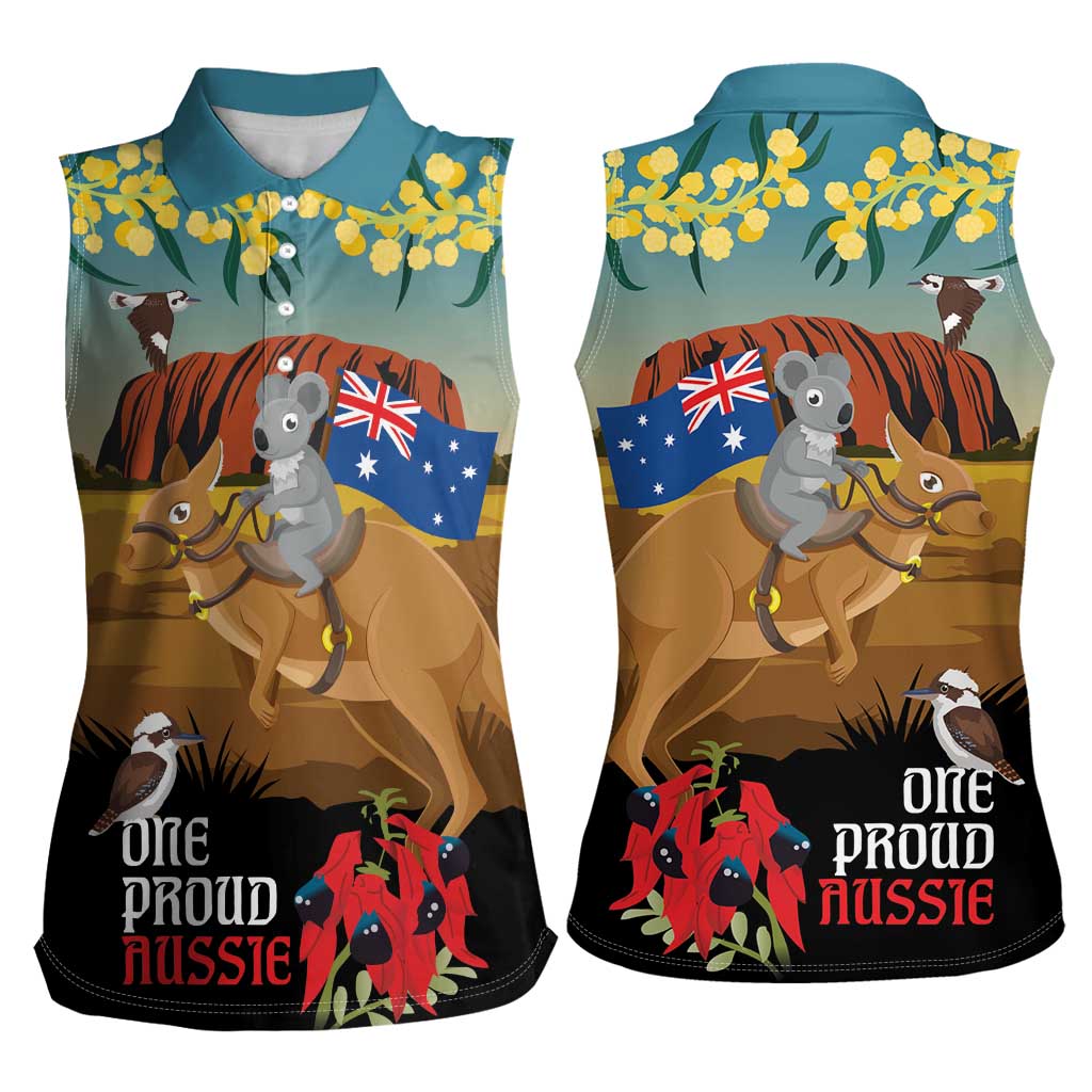 26 January One Proud Aussie Women Sleeveless Polo Shirt Kangaroo and Koala Happy Australia Day