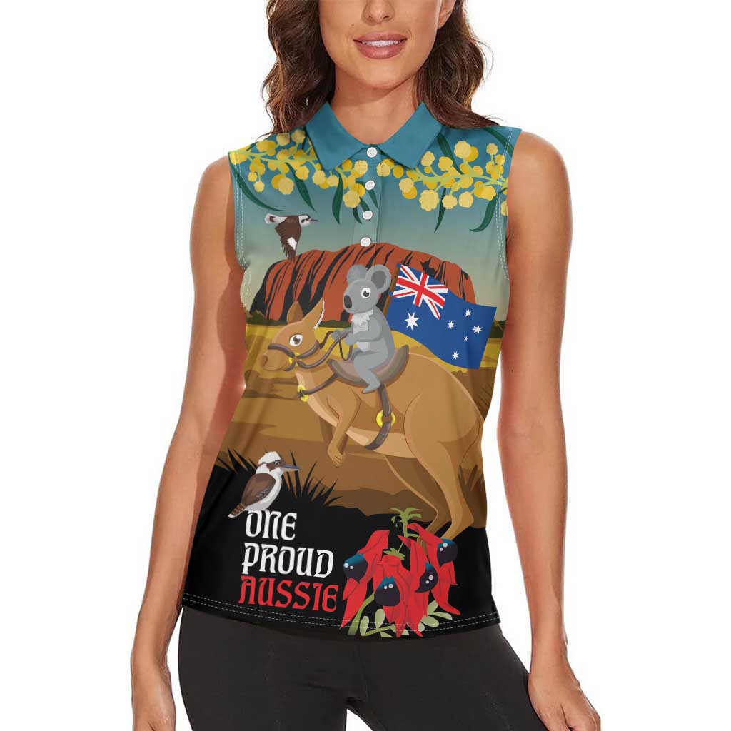 26 January One Proud Aussie Women Sleeveless Polo Shirt Kangaroo and Koala Happy Australia Day