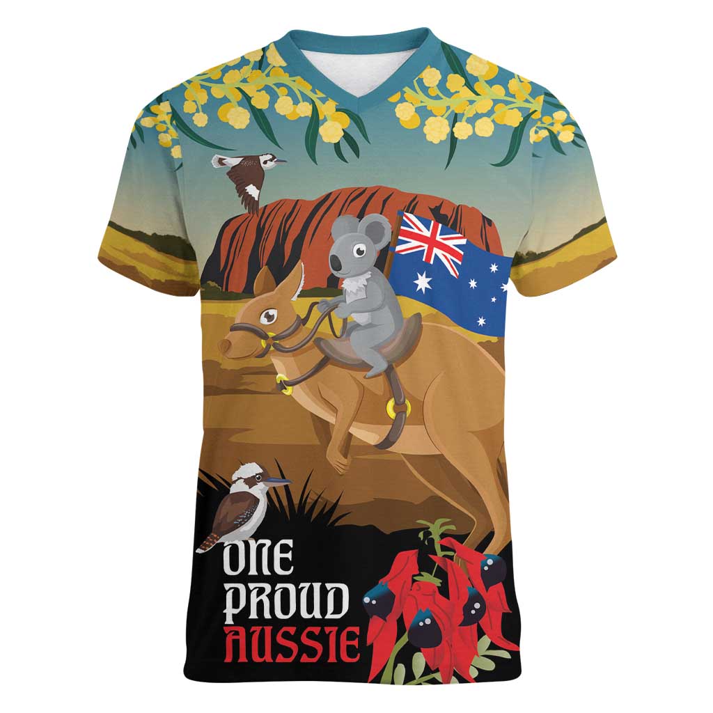 26 January One Proud Aussie Women V-Neck T-Shirt Kangaroo and Koala Happy Australia Day - Vibe Hoodie Shop