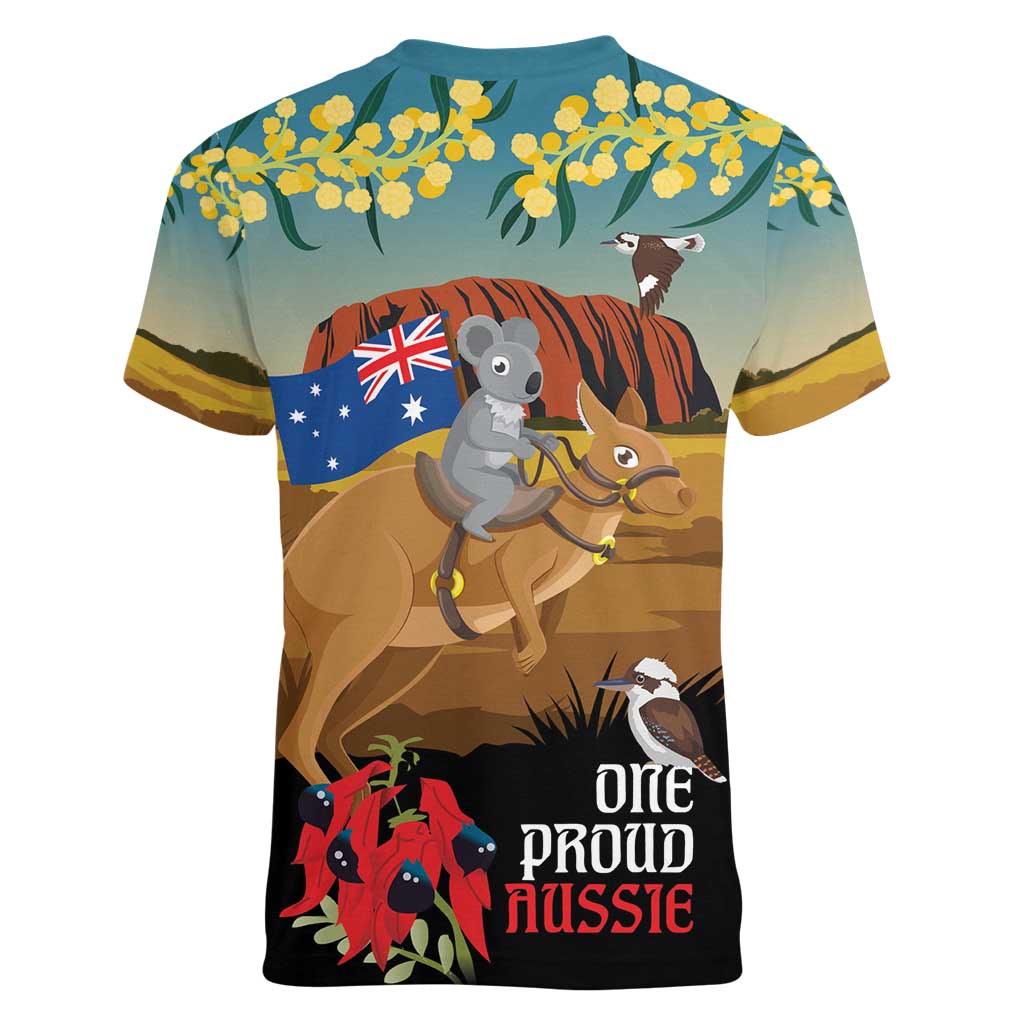 26 January One Proud Aussie Women V-Neck T-Shirt Kangaroo and Koala Happy Australia Day - Vibe Hoodie Shop