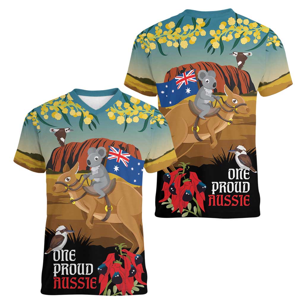 26 January One Proud Aussie Women V-Neck T-Shirt Kangaroo and Koala Happy Australia Day - Vibe Hoodie Shop