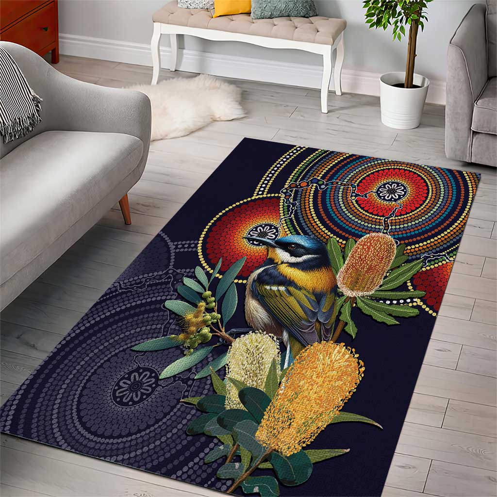 Aussie Honeyeaters Banksia Flowers Area Rug Aboriginal Dots Painting - Vibe Hoodie Shop