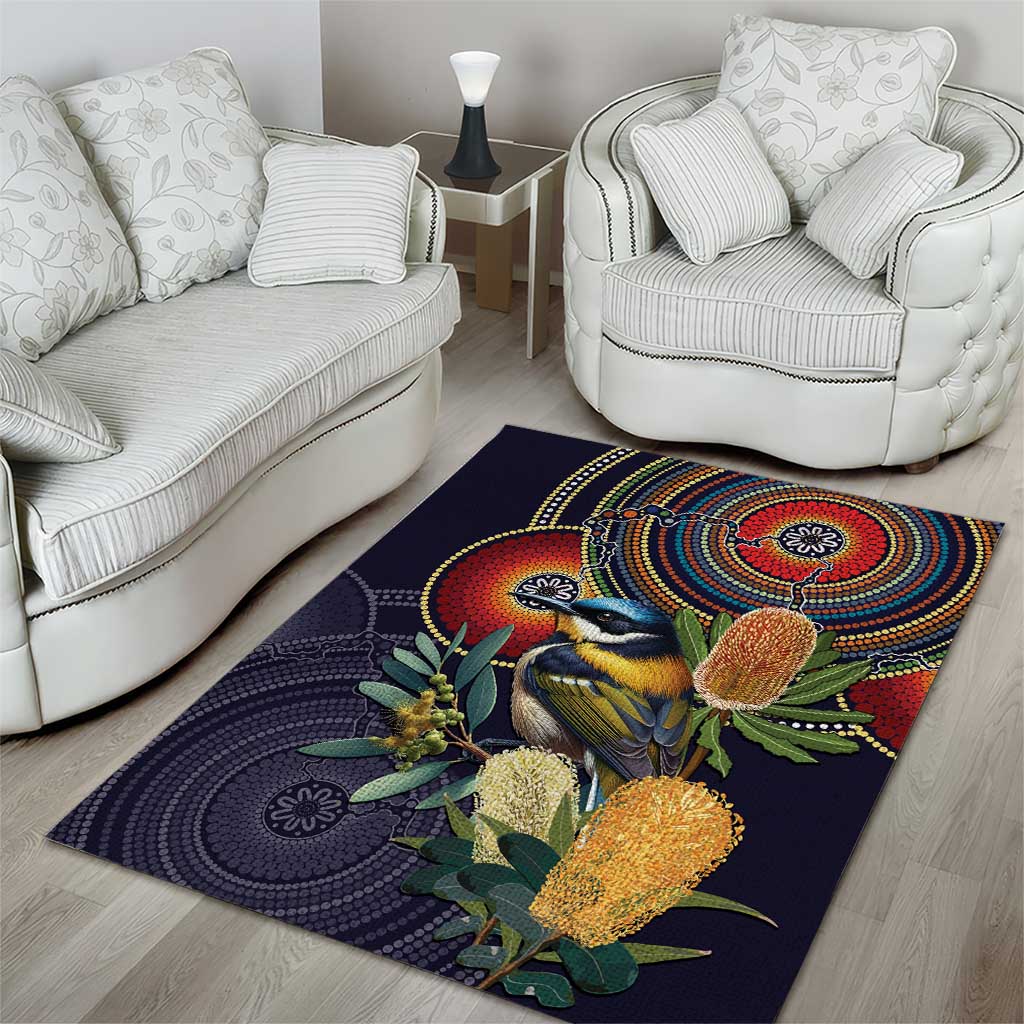 Aussie Honeyeaters Banksia Flowers Area Rug Aboriginal Dots Painting - Vibe Hoodie Shop