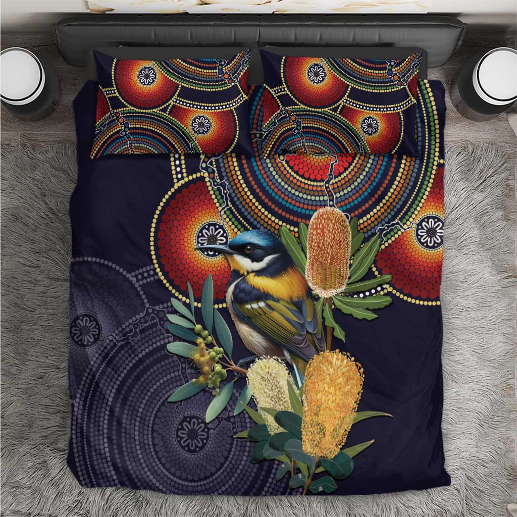 Aussie Honeyeaters Banksia Flowers Bedding Set Aboriginal Dots Painting - Vibe Hoodie Shop