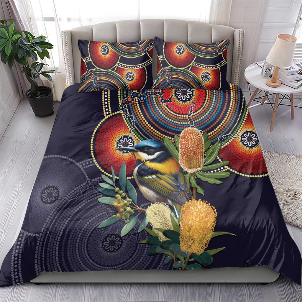 Aussie Honeyeaters Banksia Flowers Bedding Set Aboriginal Dots Painting - Vibe Hoodie Shop