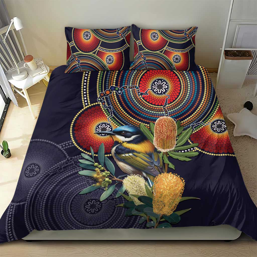 Aussie Honeyeaters Banksia Flowers Bedding Set Aboriginal Dots Painting - Vibe Hoodie Shop