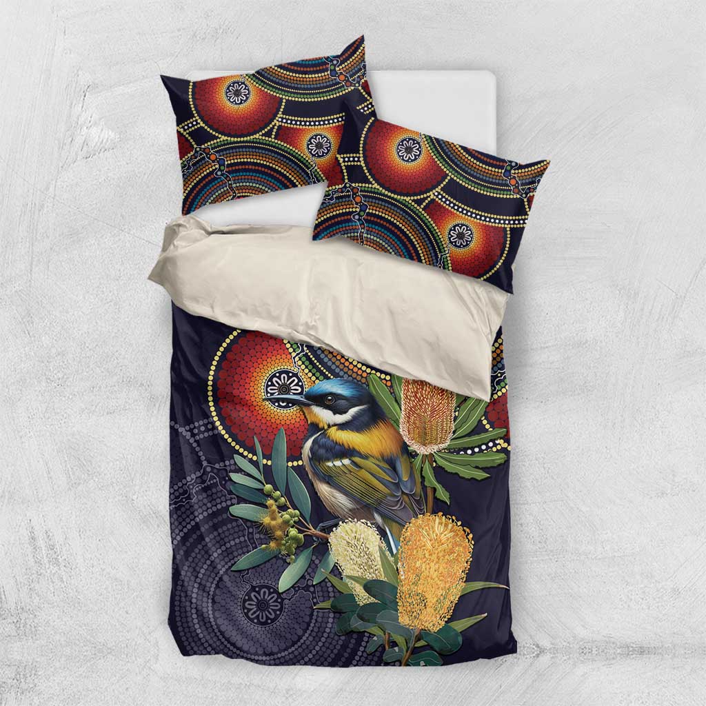 Aussie Honeyeaters Banksia Flowers Bedding Set Aboriginal Dots Painting - Vibe Hoodie Shop