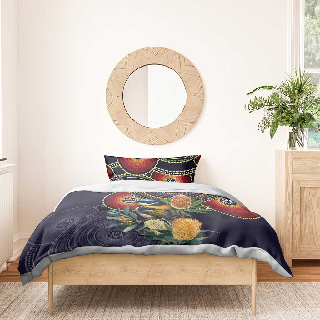 Aussie Honeyeaters Banksia Flowers Bedding Set Aboriginal Dots Painting - Vibe Hoodie Shop