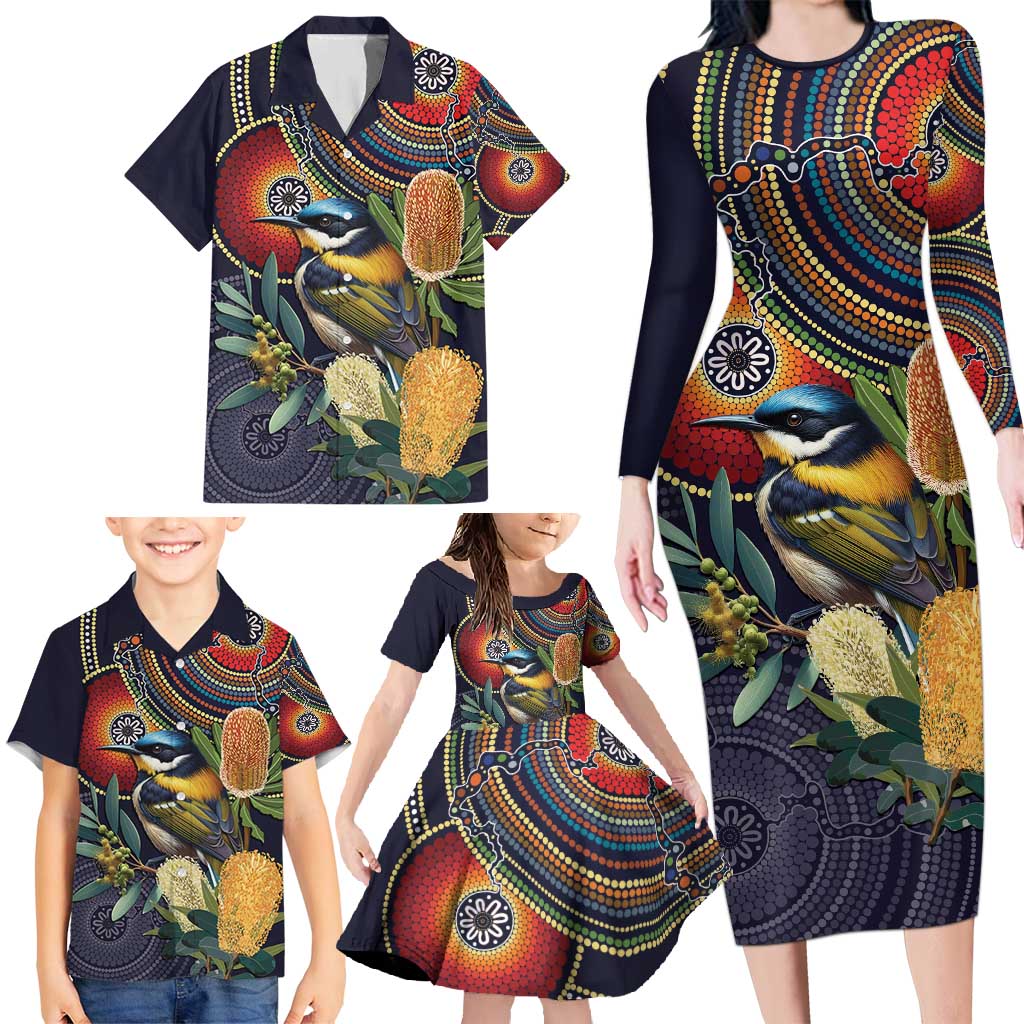 Aussie Honeyeaters Banksia Flowers Family Matching Long Sleeve Bodycon Dress and Hawaiian Shirt Aboriginal Dots Painting