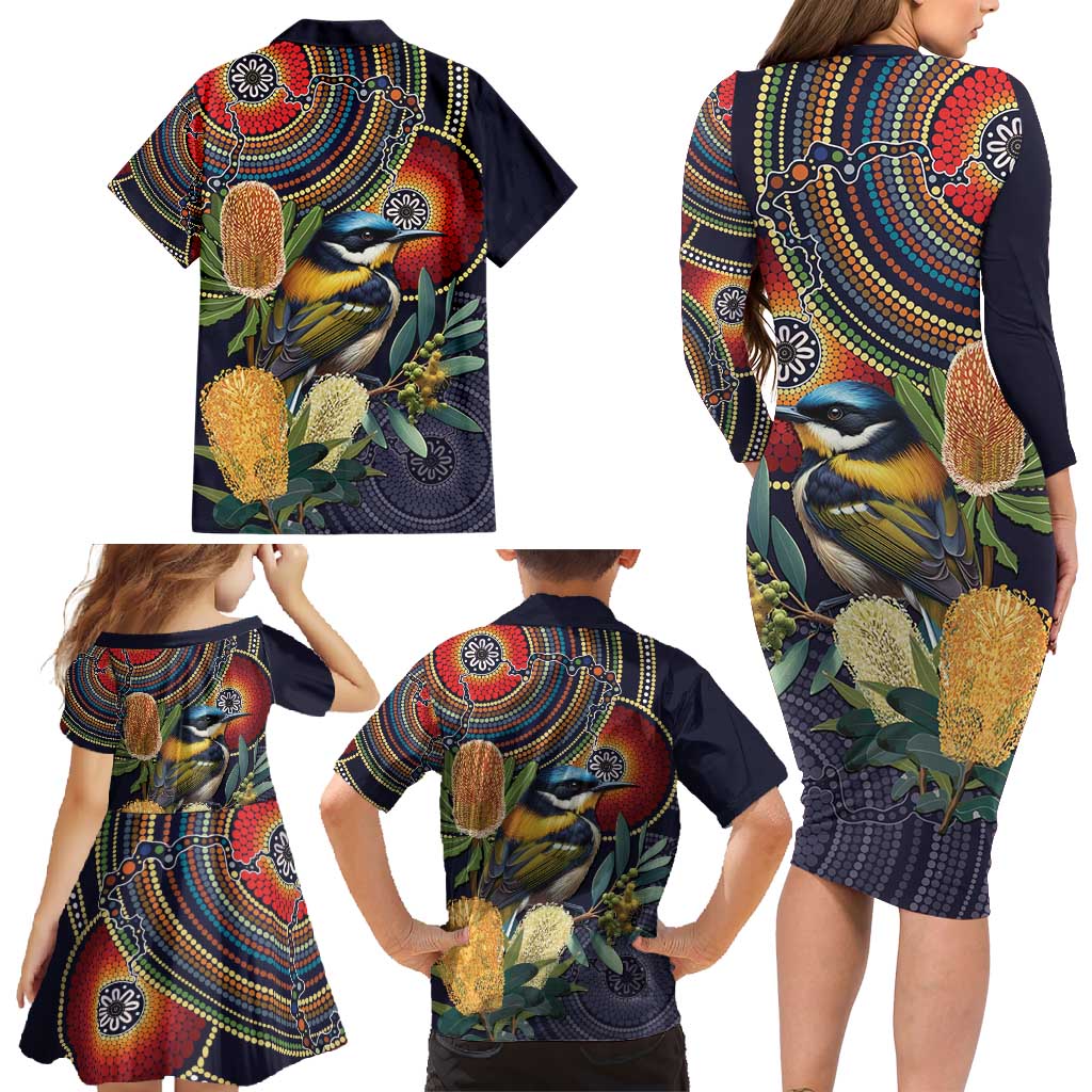 Aussie Honeyeaters Banksia Flowers Family Matching Long Sleeve Bodycon Dress and Hawaiian Shirt Aboriginal Dots Painting