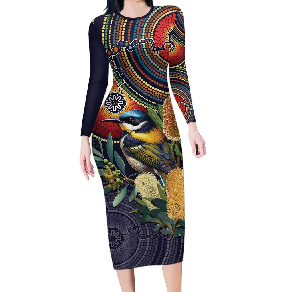 Aussie Honeyeaters Banksia Flowers Family Matching Long Sleeve Bodycon Dress and Hawaiian Shirt Aboriginal Dots Painting