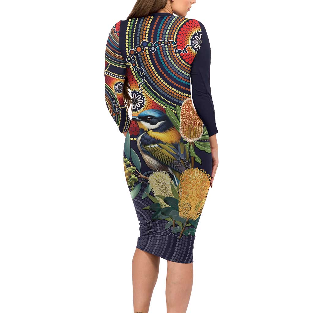 Aussie Honeyeaters Banksia Flowers Family Matching Long Sleeve Bodycon Dress and Hawaiian Shirt Aboriginal Dots Painting