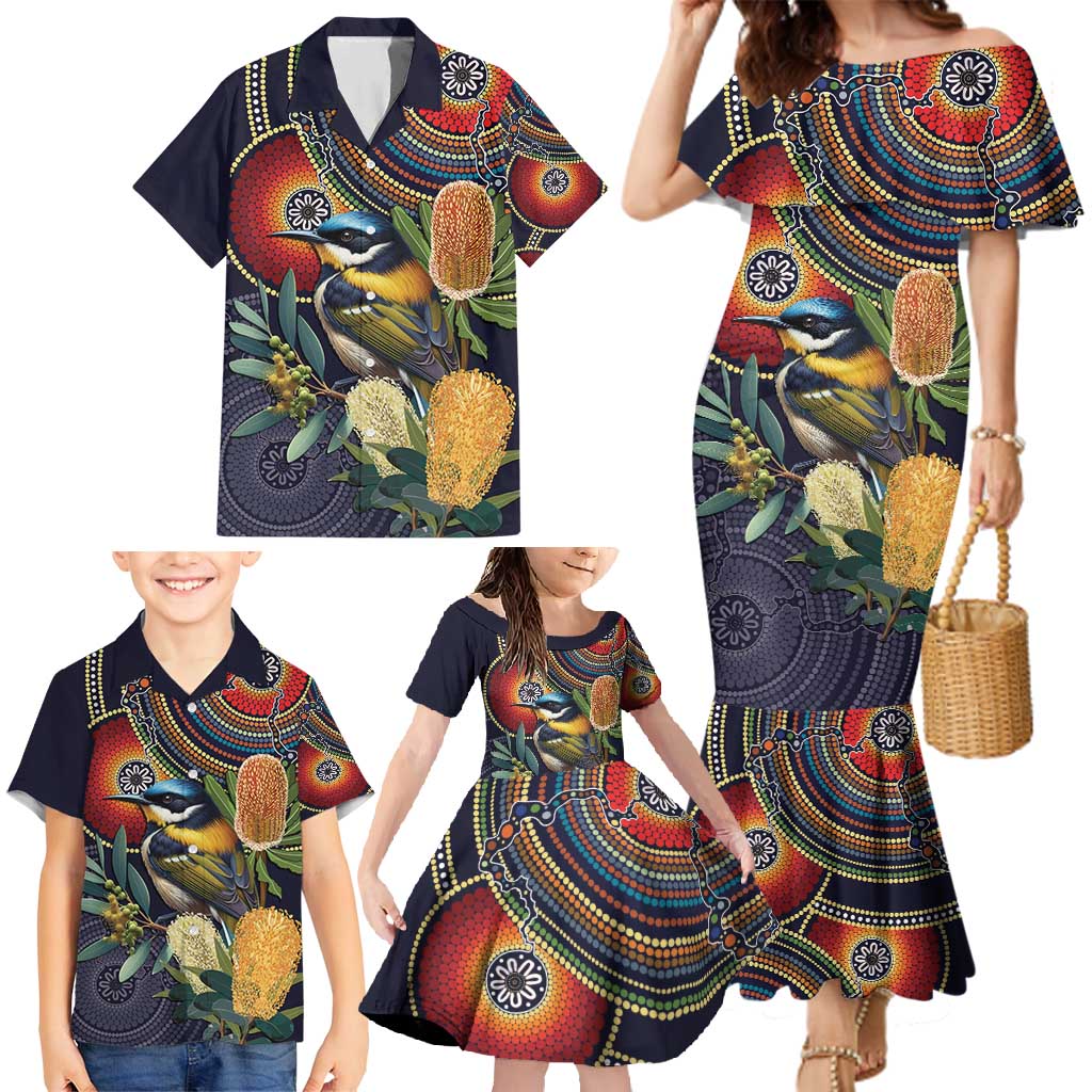 Aussie Honeyeaters Banksia Flowers Family Matching Mermaid Dress and Hawaiian Shirt Aboriginal Dots Painting