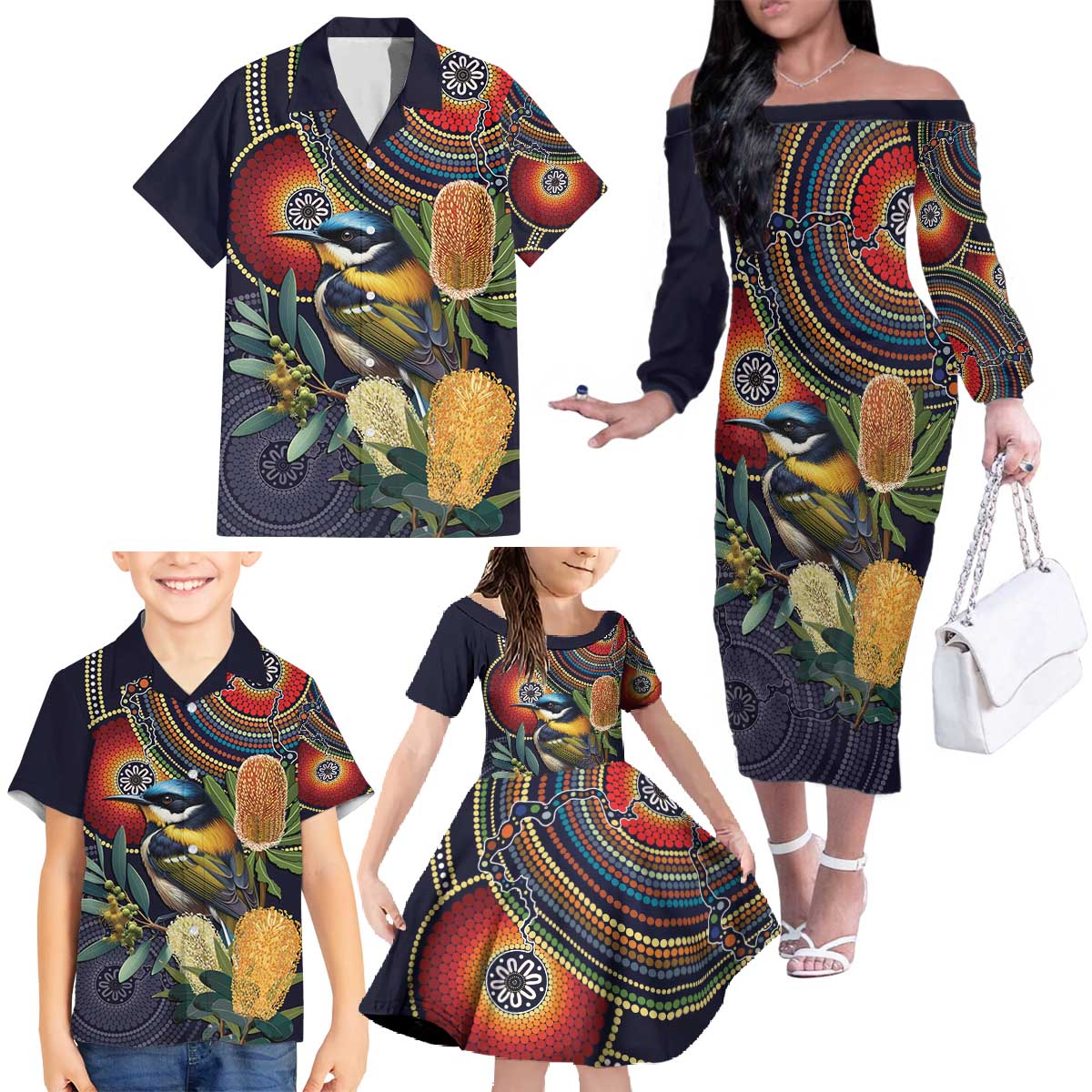 Aussie Honeyeaters Banksia Flowers Family Matching Off The Shoulder Long Sleeve Dress and Hawaiian Shirt Aboriginal Dots Painting