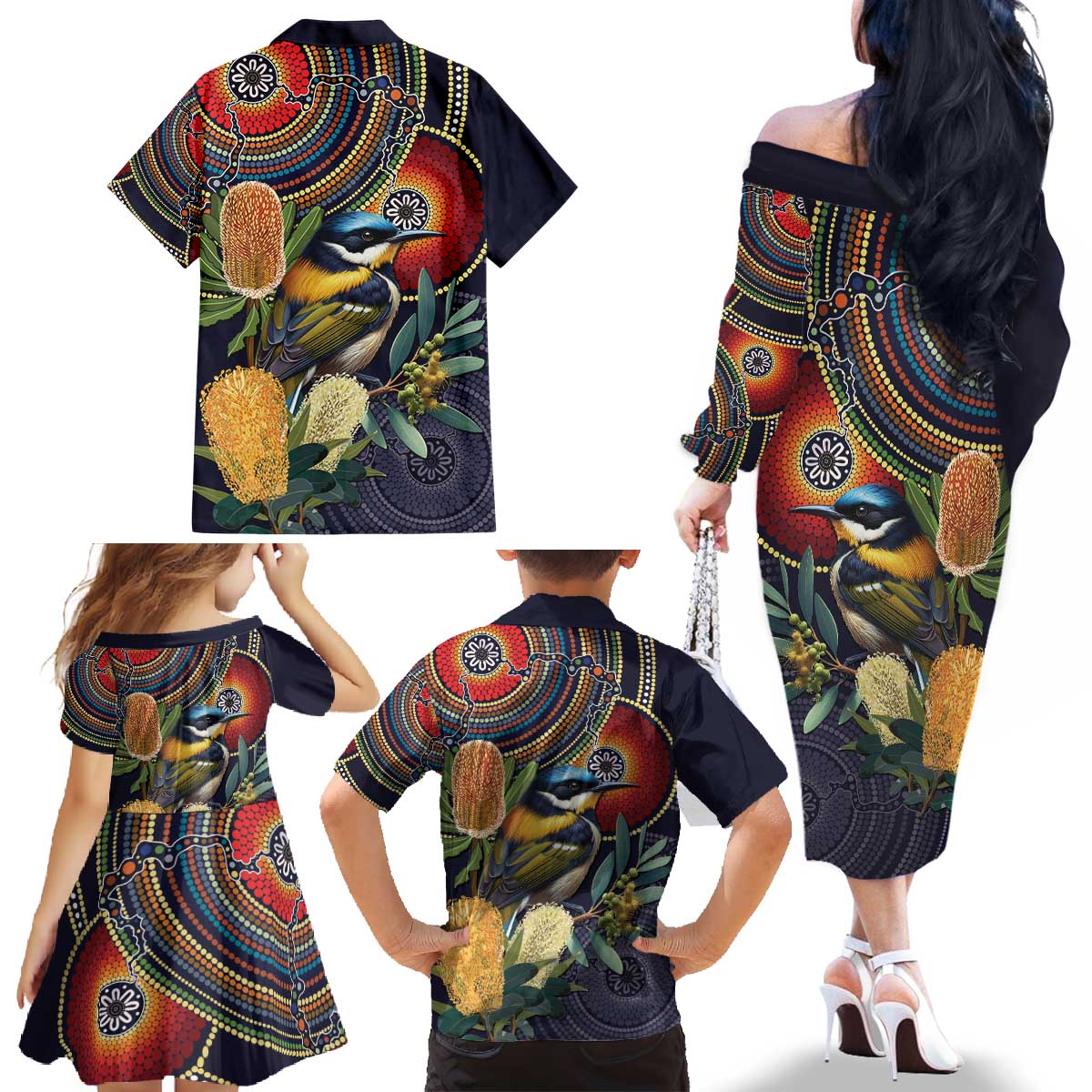 Aussie Honeyeaters Banksia Flowers Family Matching Off The Shoulder Long Sleeve Dress and Hawaiian Shirt Aboriginal Dots Painting