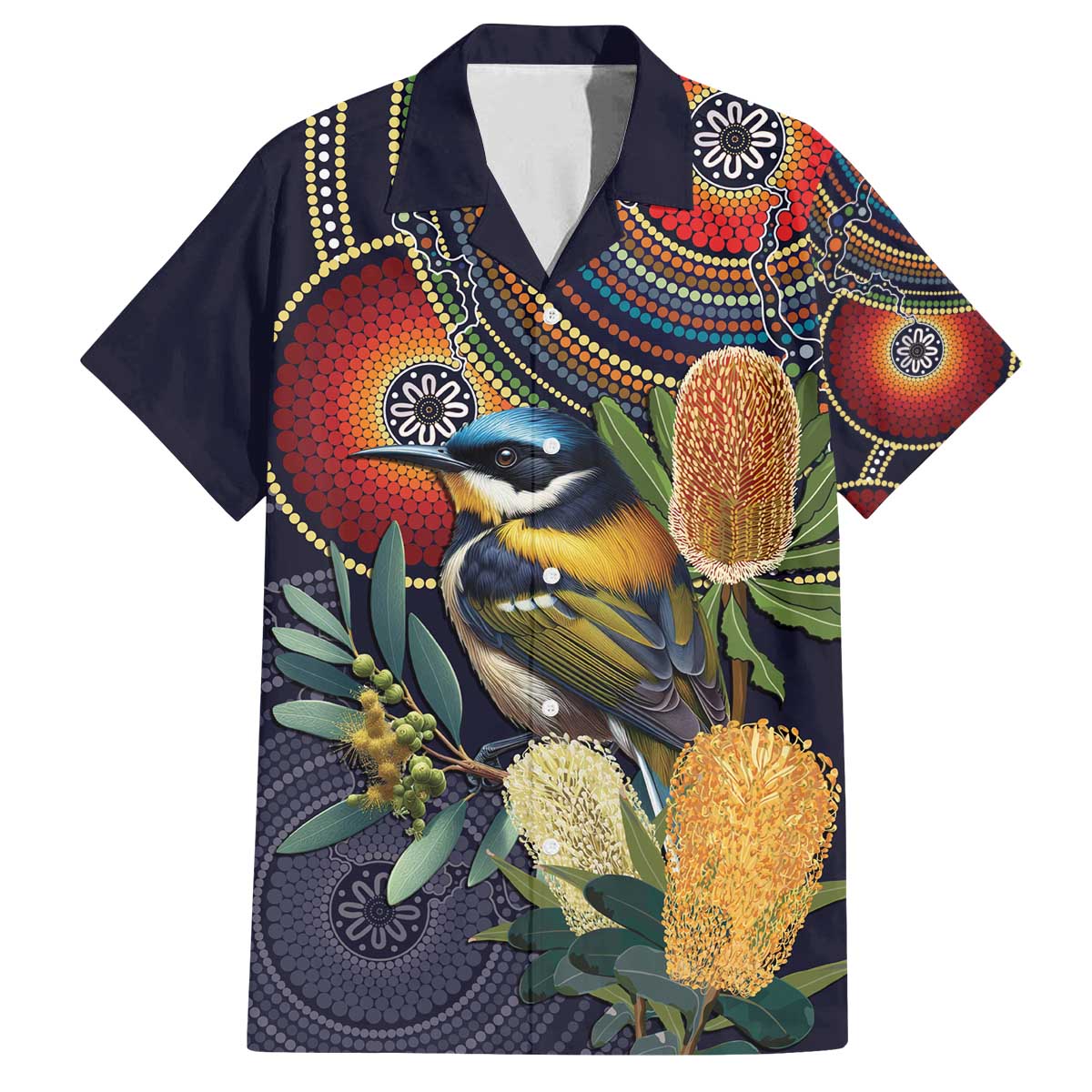 Aussie Honeyeaters Banksia Flowers Family Matching Off The Shoulder Long Sleeve Dress and Hawaiian Shirt Aboriginal Dots Painting