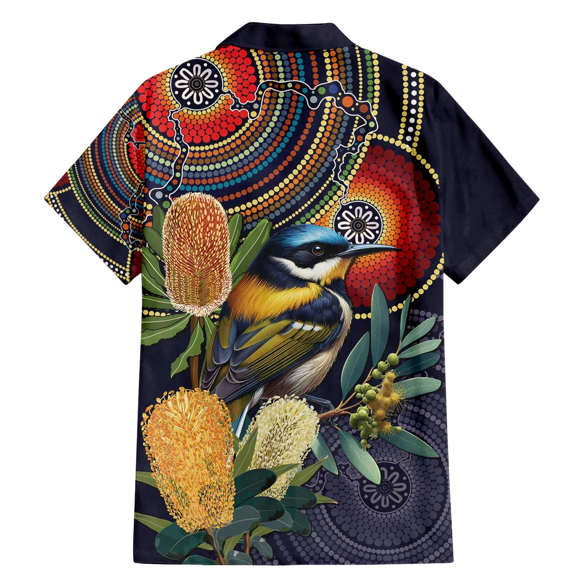 Aussie Honeyeaters Banksia Flowers Family Matching Off The Shoulder Long Sleeve Dress and Hawaiian Shirt Aboriginal Dots Painting