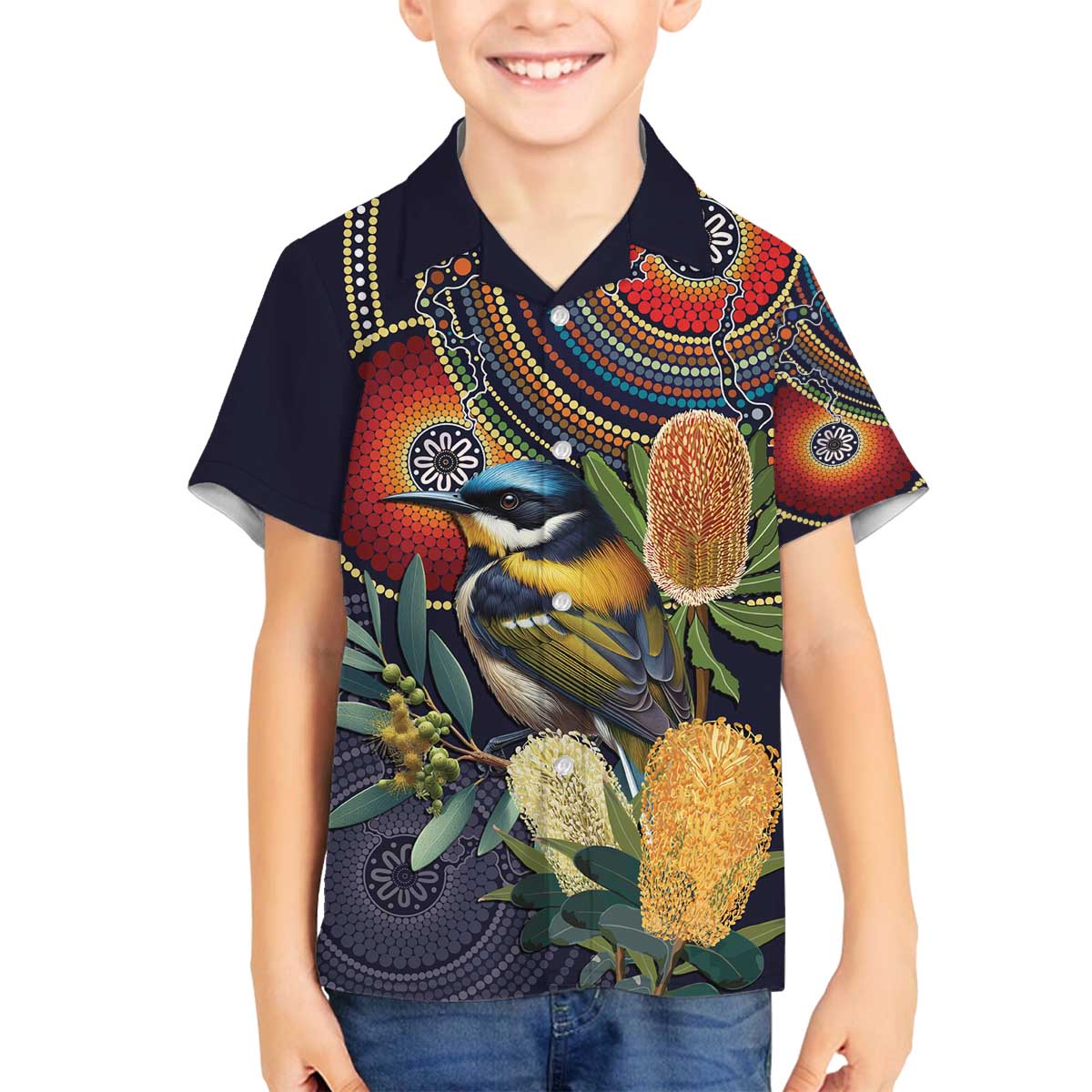 Aussie Honeyeaters Banksia Flowers Family Matching Off The Shoulder Long Sleeve Dress and Hawaiian Shirt Aboriginal Dots Painting