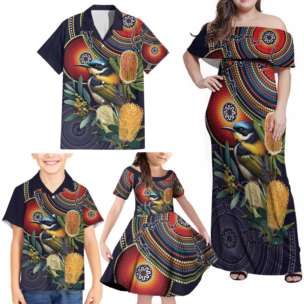 Aussie Honeyeaters Banksia Flowers Family Matching Off Shoulder Maxi Dress and Hawaiian Shirt Aboriginal Dots Painting