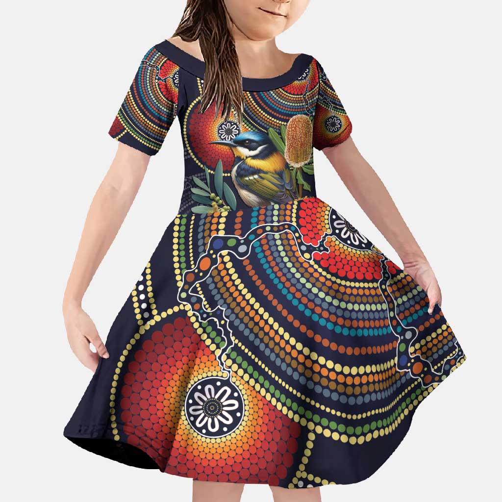 Aussie Honeyeaters Banksia Flowers Family Matching Off Shoulder Maxi Dress and Hawaiian Shirt Aboriginal Dots Painting