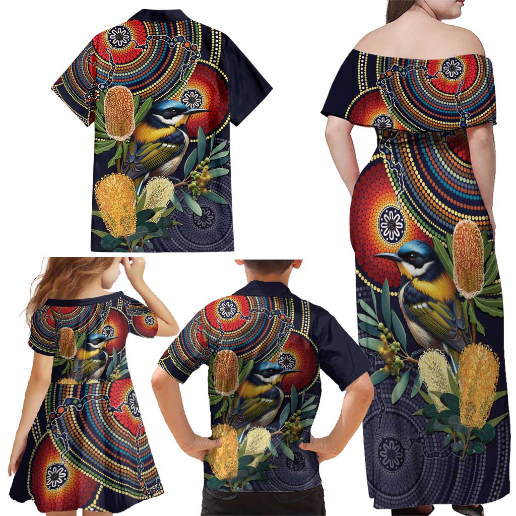 Aussie Honeyeaters Banksia Flowers Family Matching Off Shoulder Maxi Dress and Hawaiian Shirt Aboriginal Dots Painting