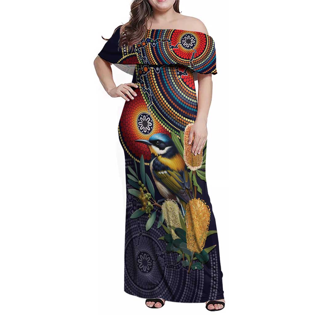 Aussie Honeyeaters Banksia Flowers Family Matching Off Shoulder Maxi Dress and Hawaiian Shirt Aboriginal Dots Painting