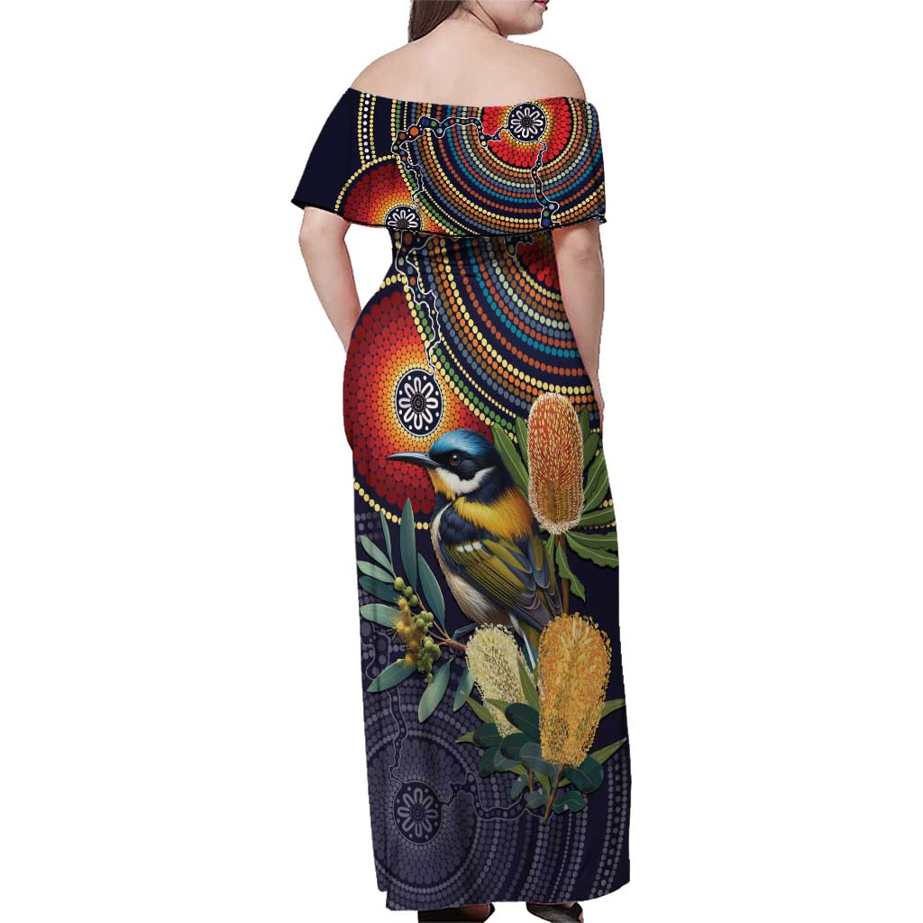 Aussie Honeyeaters Banksia Flowers Family Matching Off Shoulder Maxi Dress and Hawaiian Shirt Aboriginal Dots Painting