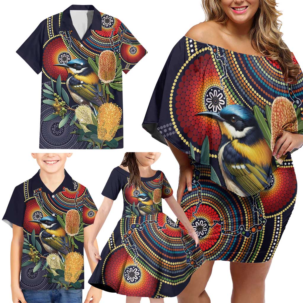 Aussie Honeyeaters Banksia Flowers Family Matching Off Shoulder Short Dress and Hawaiian Shirt Aboriginal Dots Painting