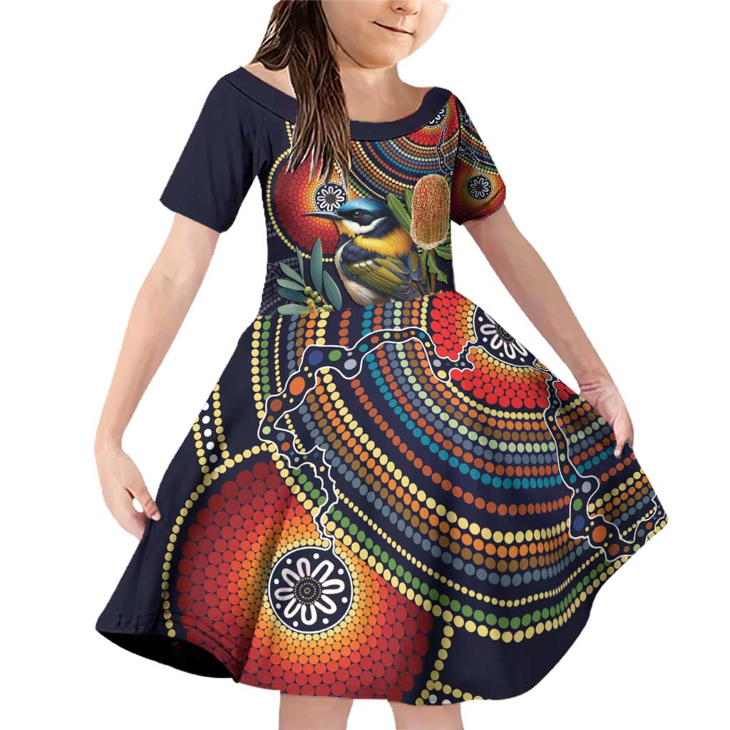 Aussie Honeyeaters Banksia Flowers Family Matching Off Shoulder Short Dress and Hawaiian Shirt Aboriginal Dots Painting