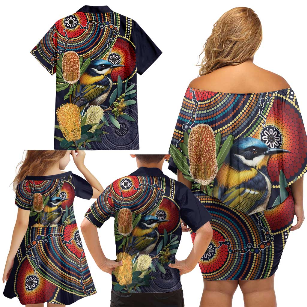 Aussie Honeyeaters Banksia Flowers Family Matching Off Shoulder Short Dress and Hawaiian Shirt Aboriginal Dots Painting