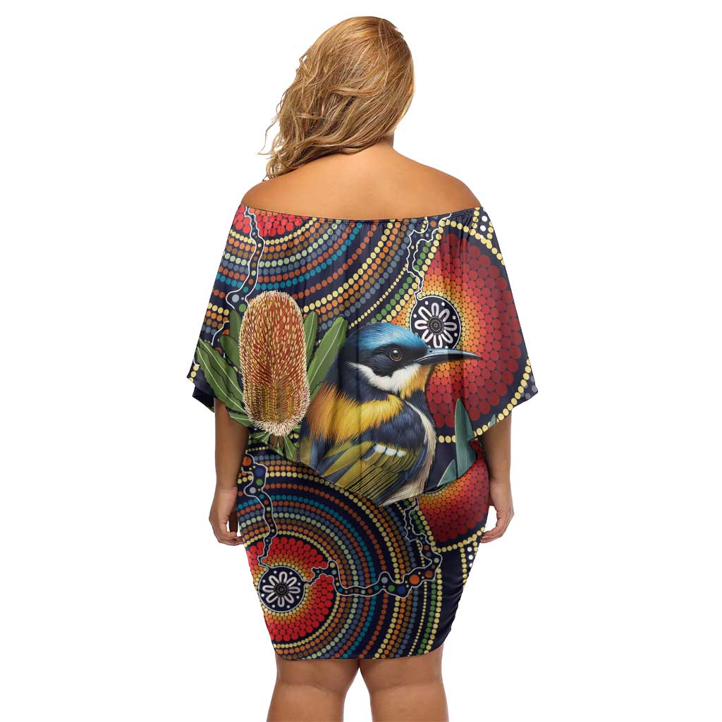 Aussie Honeyeaters Banksia Flowers Family Matching Off Shoulder Short Dress and Hawaiian Shirt Aboriginal Dots Painting