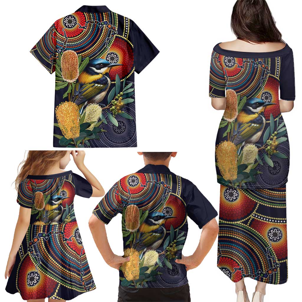 Aussie Honeyeaters Banksia Flowers Family Matching Puletasi and Hawaiian Shirt Aboriginal Dots Painting