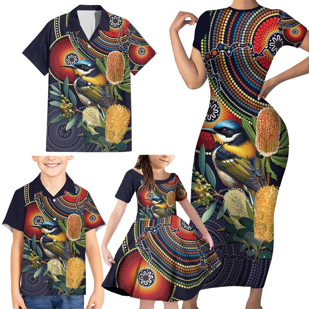 Aussie Honeyeaters Banksia Flowers Family Matching Short Sleeve Bodycon Dress and Hawaiian Shirt Aboriginal Dots Painting