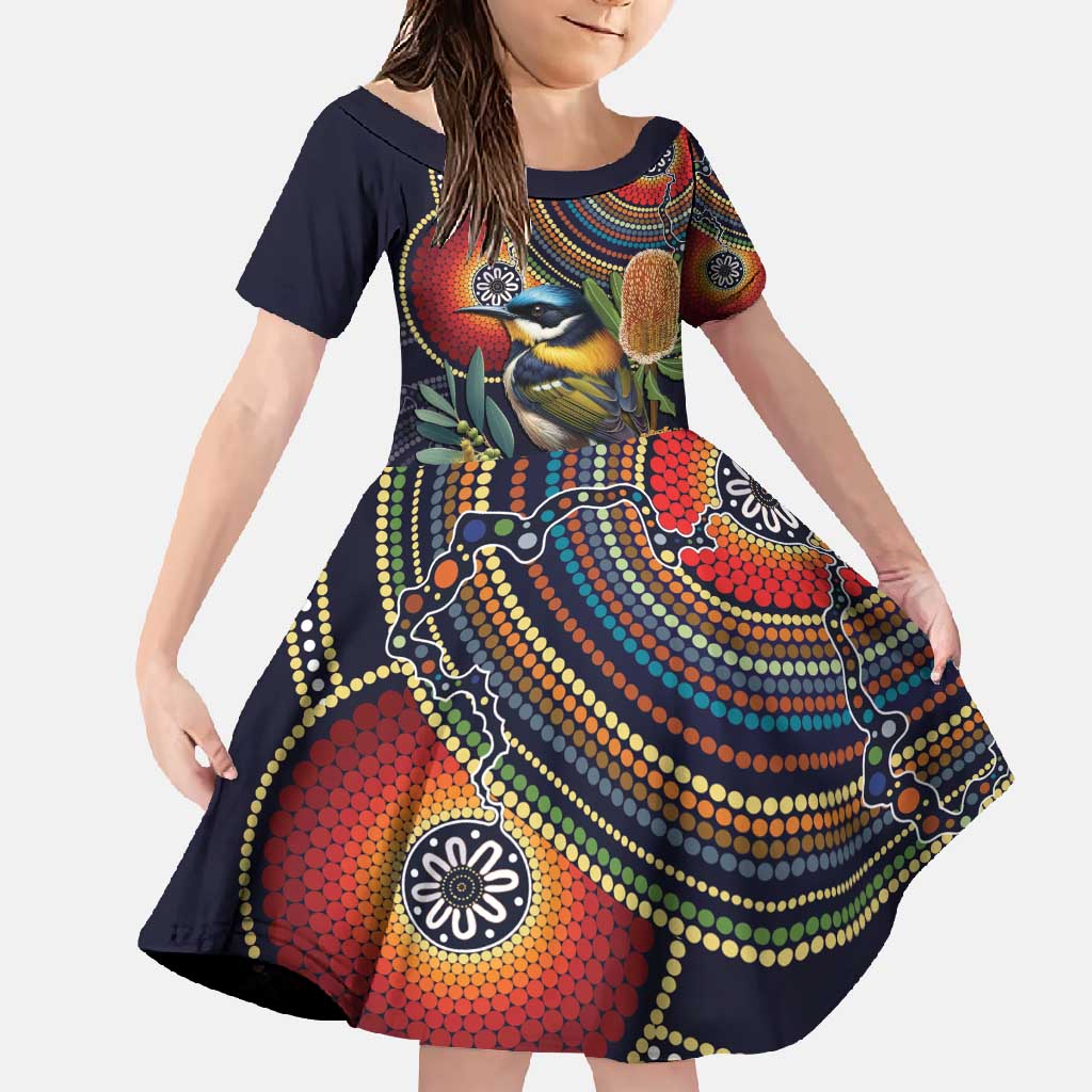 Aussie Honeyeaters Banksia Flowers Family Matching Short Sleeve Bodycon Dress and Hawaiian Shirt Aboriginal Dots Painting