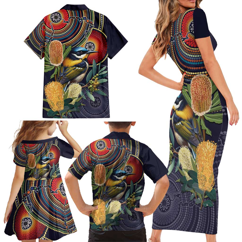 Aussie Honeyeaters Banksia Flowers Family Matching Short Sleeve Bodycon Dress and Hawaiian Shirt Aboriginal Dots Painting