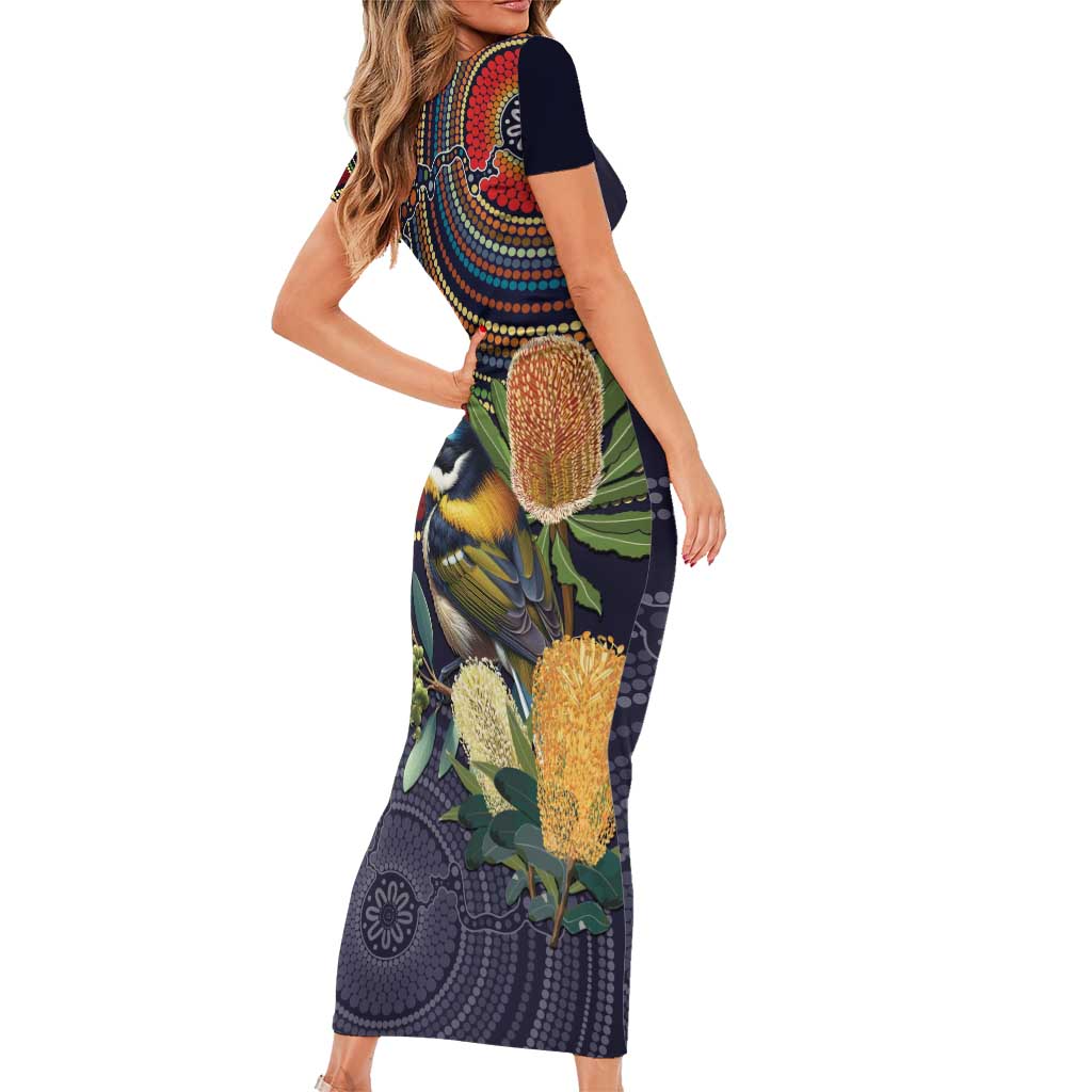 Aussie Honeyeaters Banksia Flowers Family Matching Short Sleeve Bodycon Dress and Hawaiian Shirt Aboriginal Dots Painting