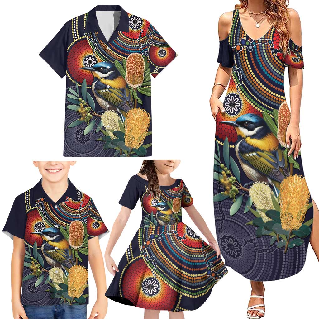 Aussie Honeyeaters Banksia Flowers Family Matching Summer Maxi Dress and Hawaiian Shirt Aboriginal Dots Painting