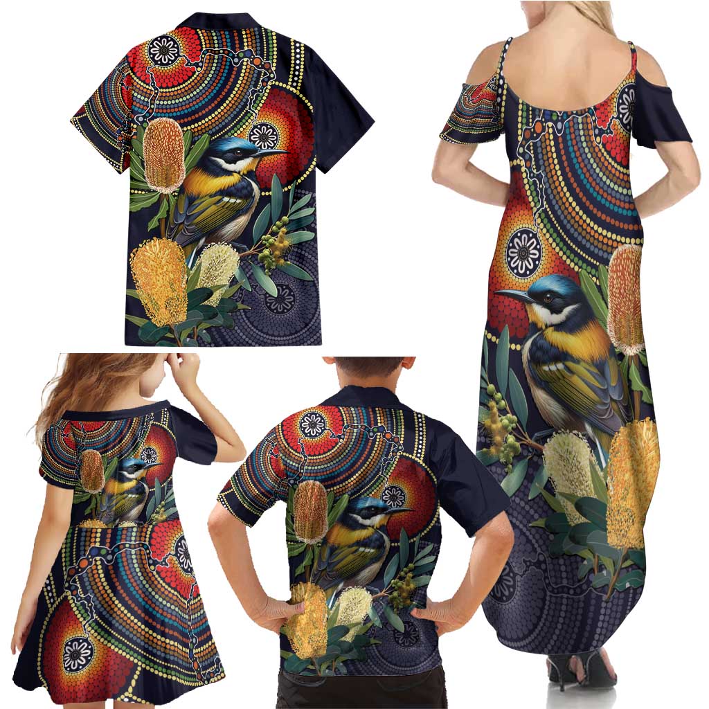 Aussie Honeyeaters Banksia Flowers Family Matching Summer Maxi Dress and Hawaiian Shirt Aboriginal Dots Painting