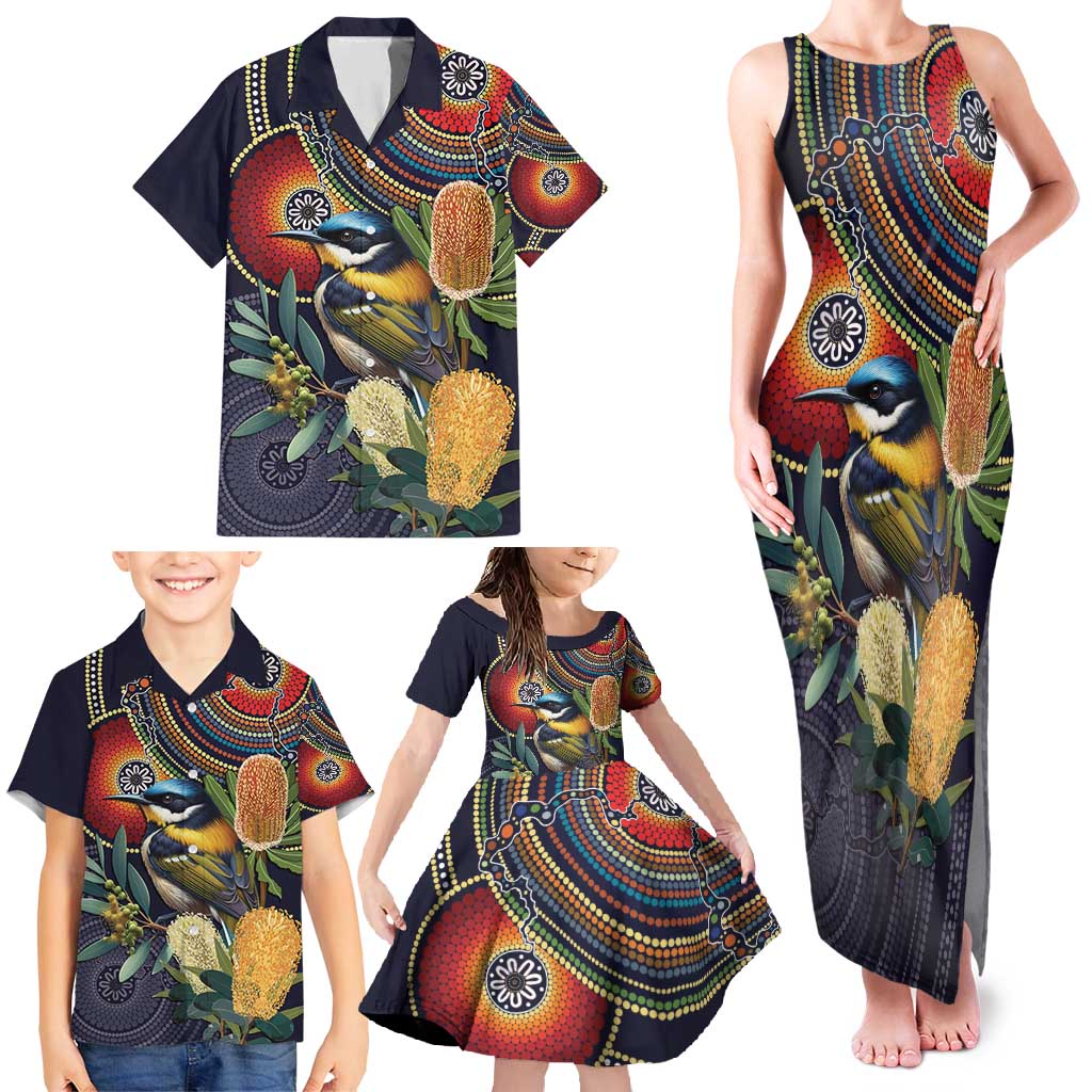 Aussie Honeyeaters Banksia Flowers Family Matching Tank Maxi Dress and Hawaiian Shirt Aboriginal Dots Painting