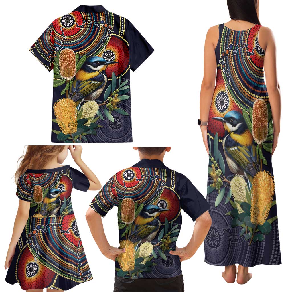 Aussie Honeyeaters Banksia Flowers Family Matching Tank Maxi Dress and Hawaiian Shirt Aboriginal Dots Painting