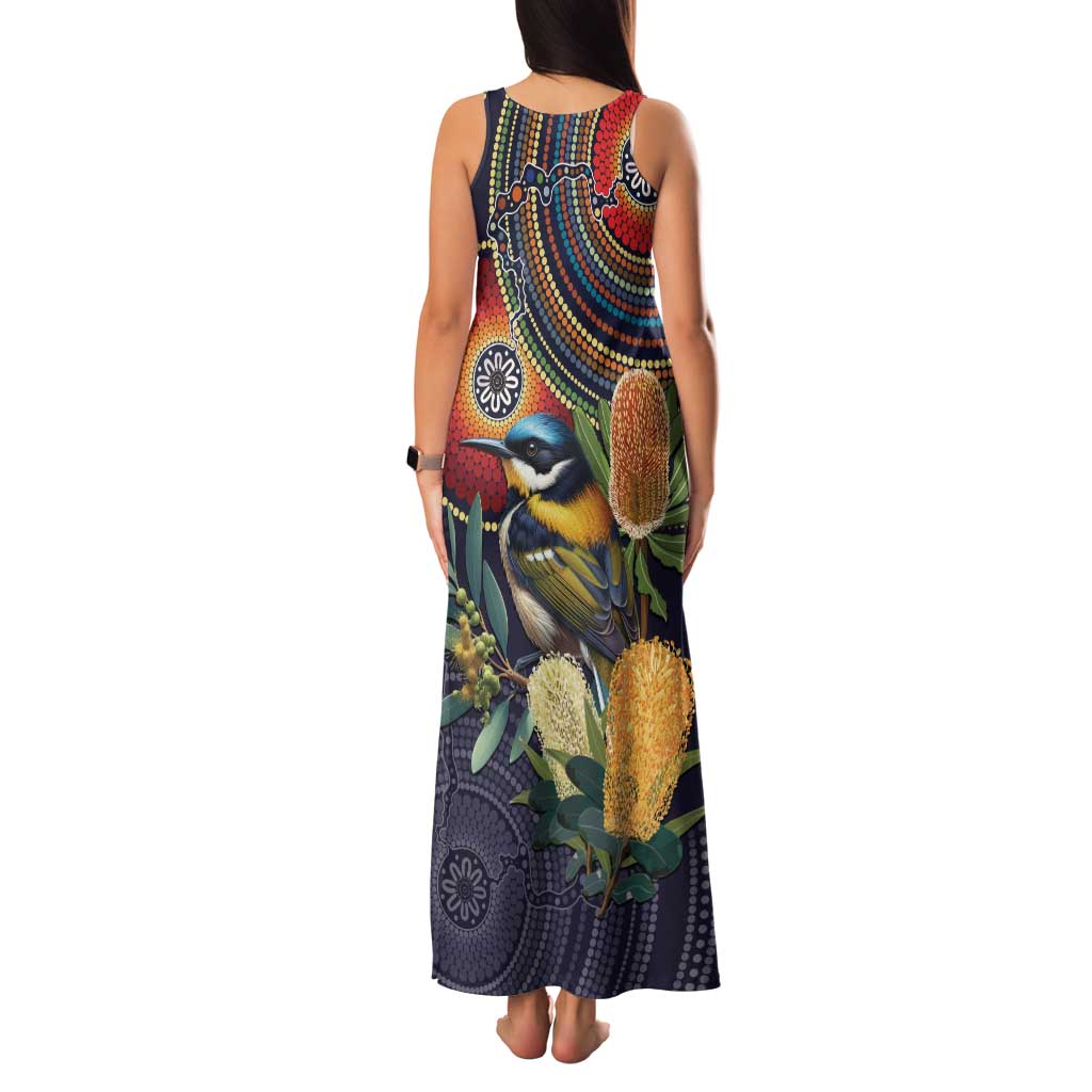 Aussie Honeyeaters Banksia Flowers Family Matching Tank Maxi Dress and Hawaiian Shirt Aboriginal Dots Painting