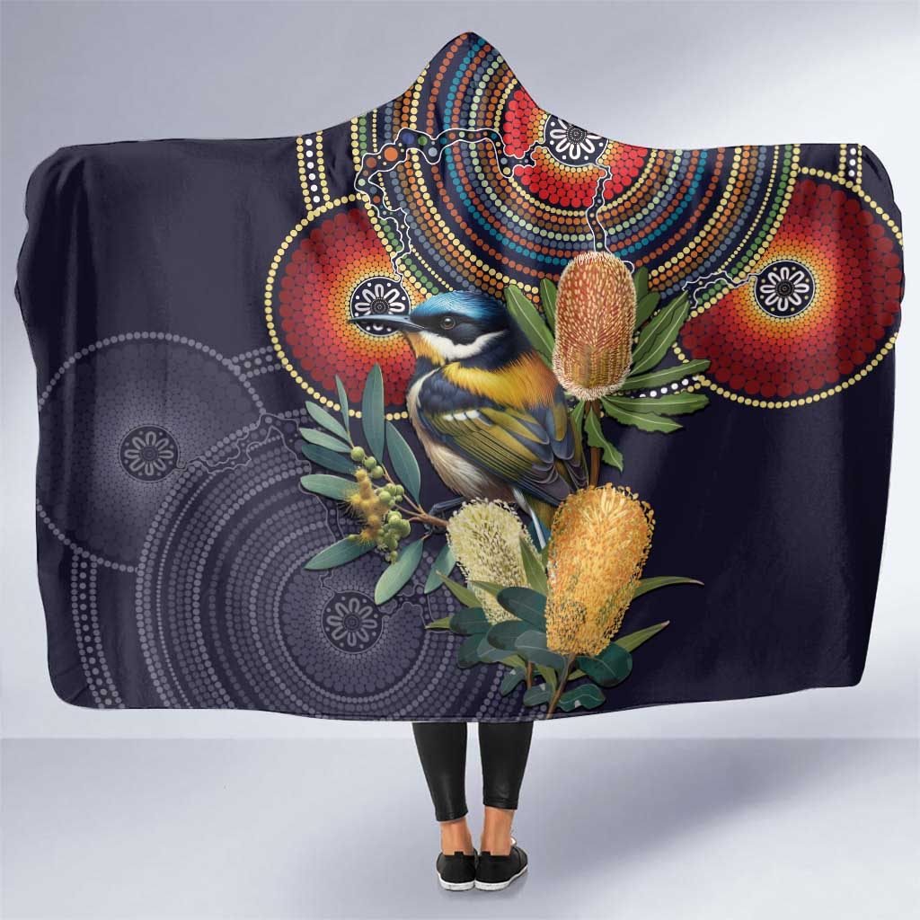 Aussie Honeyeaters Banksia Flowers Hooded Blanket Aboriginal Dots Painting