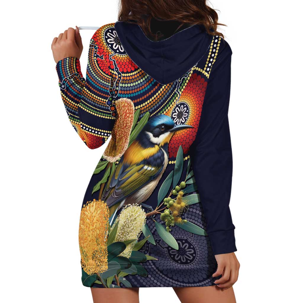 Aussie Honeyeaters Banksia Flowers Hoodie Dress Aboriginal Dots Painting - Vibe Hoodie Shop