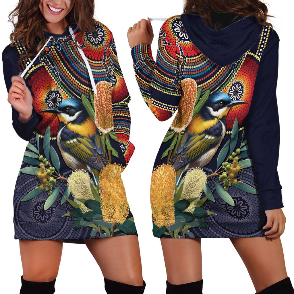 Aussie Honeyeaters Banksia Flowers Hoodie Dress Aboriginal Dots Painting - Vibe Hoodie Shop