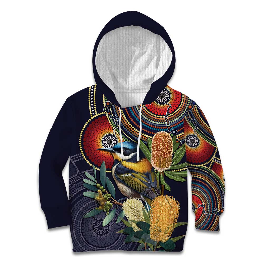 Aussie Honeyeaters Banksia Flowers Kid Hoodie Aboriginal Dots Painting - Vibe Hoodie Shop