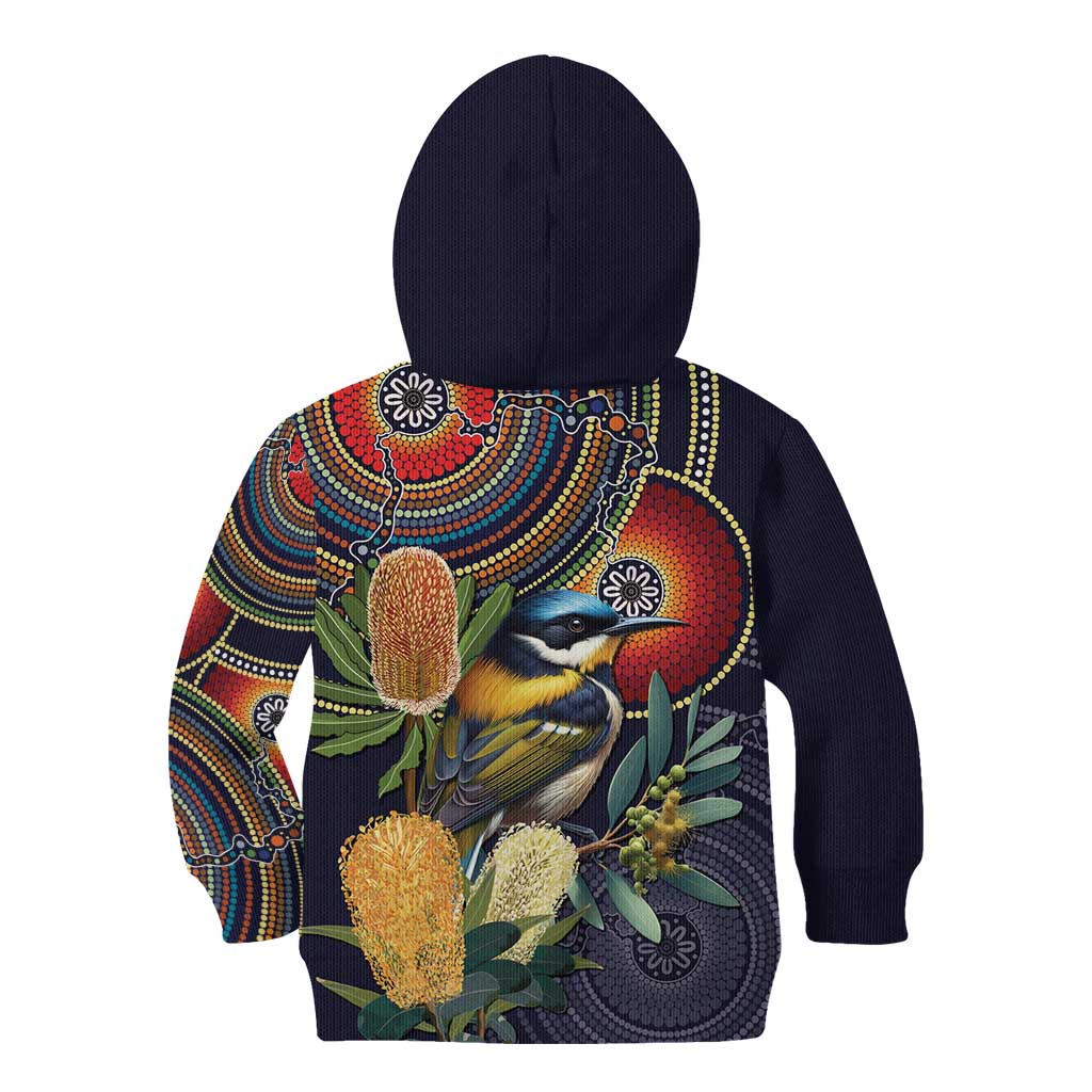 Aussie Honeyeaters Banksia Flowers Kid Hoodie Aboriginal Dots Painting - Vibe Hoodie Shop