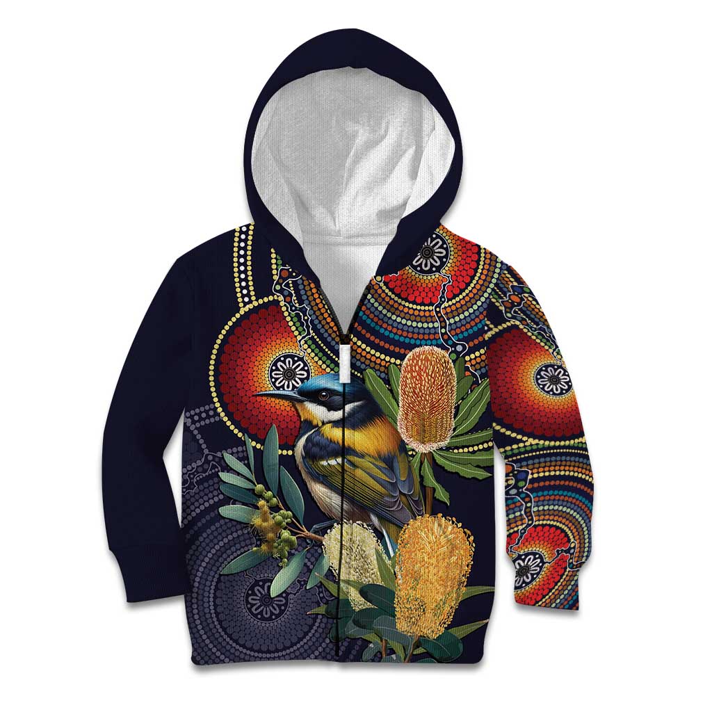 Aussie Honeyeaters Banksia Flowers Kid Hoodie Aboriginal Dots Painting - Vibe Hoodie Shop