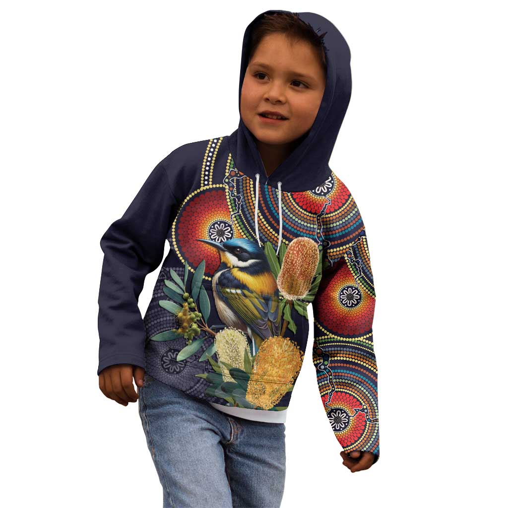 Aussie Honeyeaters Banksia Flowers Kid Hoodie Aboriginal Dots Painting - Vibe Hoodie Shop