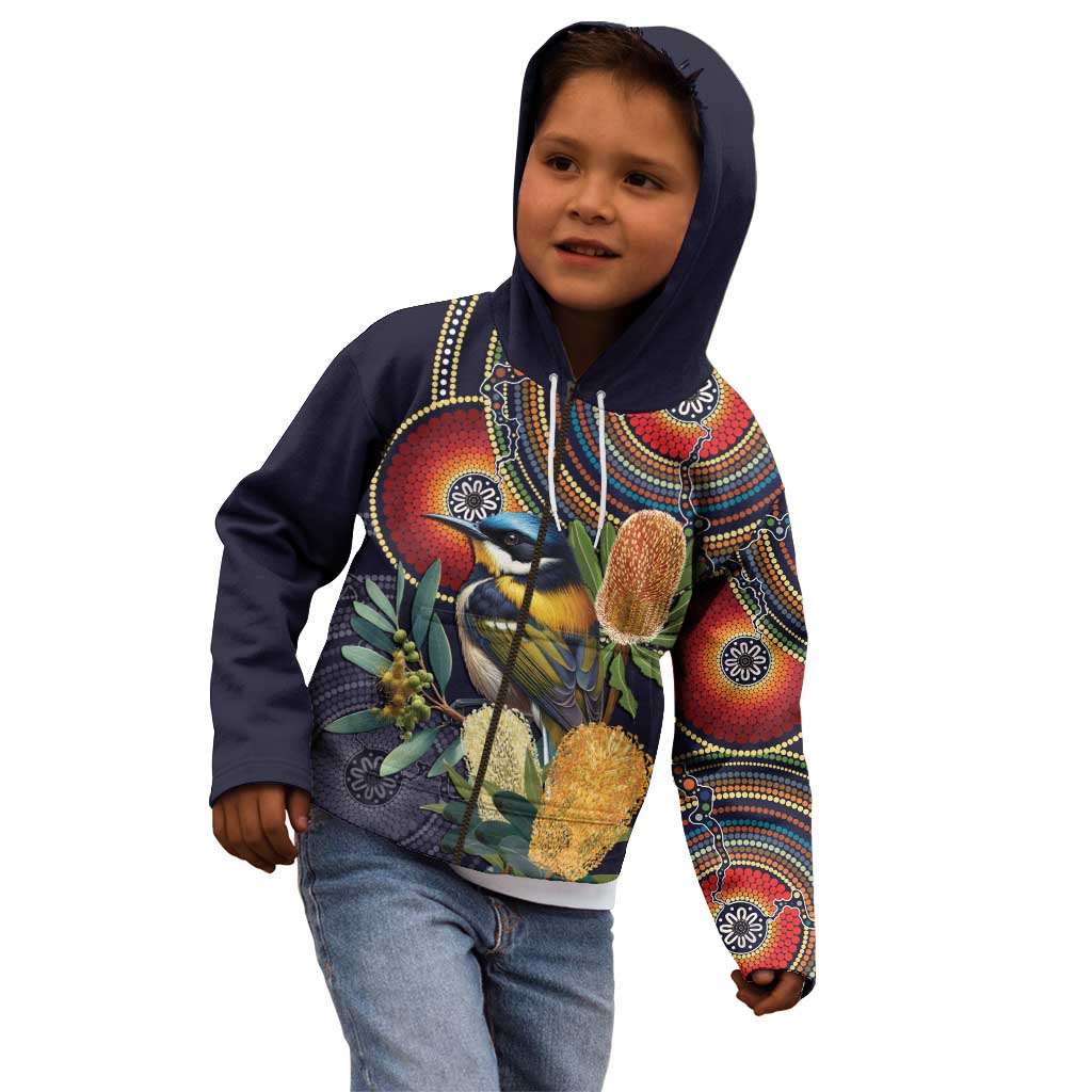 Aussie Honeyeaters Banksia Flowers Kid Hoodie Aboriginal Dots Painting - Vibe Hoodie Shop